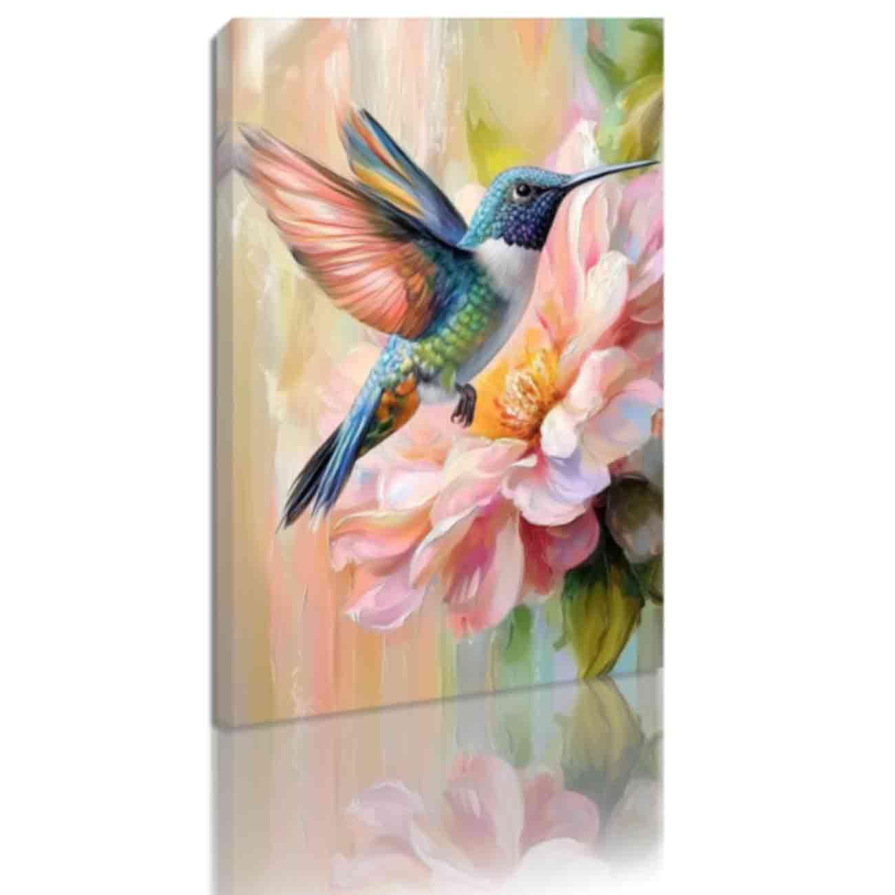 ZQQART Hummingbird Picture Canvas Wall Art Colorful Bird and Flower Picture Bird Poster Spring Art Prints Farmhouse Kitchen Wall Decor (Pink,12" x 18")