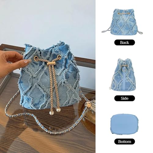 Small Denim Bucket Bag for Women, Quilted Jean Drawstring Purse with adjustable & detachable Strap,Stylish Shoulder Handbag4
