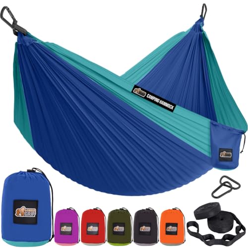 GORILLA GRIP Durable Portable Camping Hammock, Holds 400lbs with Heavy Duty Tree Straps, Comfortable Travel Swing, Camp Hammocks, Easy to Use and Install, Outdoor Essentials, Blue, 9x4.5 FT