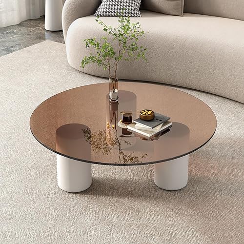Mesa de centro redonda de cristal para sala de estar, moderna base de madera maciza con parte superior de vidrio templado vintage, perfecta para balcón y decoración del hogar