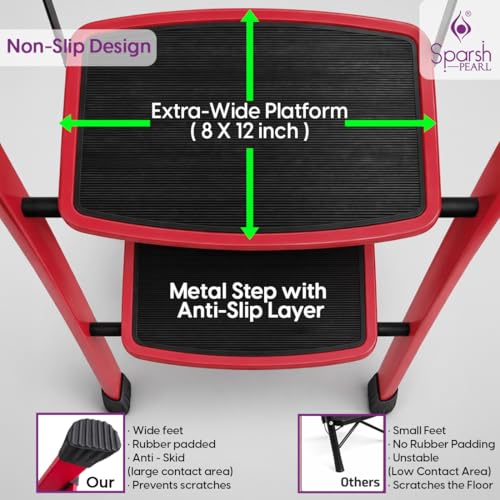 Image of Sparsh Pearl Steel Ladder for Home 4 Steps Foldable with Anti-Skid Wide Steps | 4 Step Ladder for Home Use with D-Shape Rods | Secure Lock | 150 Kg Capacity Folding Ladder | 5 Year Warranty (Red)