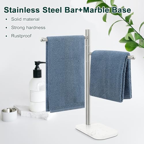 Foto de Toallero de mano, soporte para toallas de mano en forma de F con base de mármol, toallero giratorio de acero inoxidable para toalla de mano para baño, encimera de cocina, 2 brazos (níquel (imagen 4)