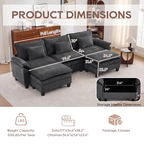 Image of IPKIG 117 inch Modular Cloud Couch with Storage, U Shaped Sectional Sofa with Ottoman & Pillow, Velvet Deep Seat Sectional Couches for Living Room, Apartment, Dark Grey