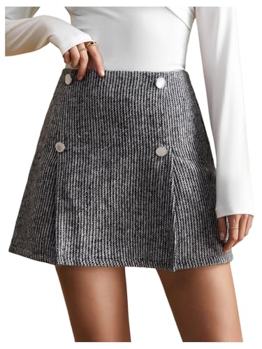 Women's High Waisted Tweed Skirt Button Front A Line Mini Work Office Skirts