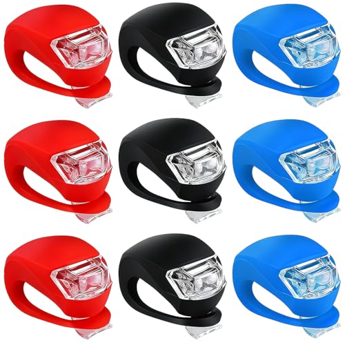 BINKUOMCG 9PCS Bike Lights for Kids Multicolor LED Clip-On Silicone Bicycle Lights with 3 Modes Waterproof Scooter Headlight & Taillight for Road Safety Batteries Included (Multicolor)