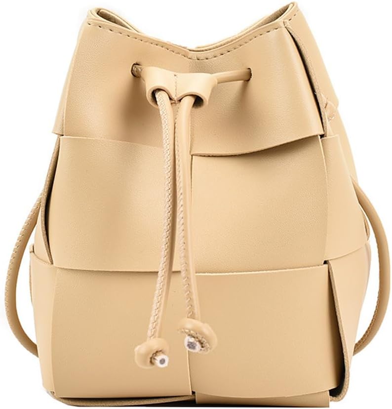 Mini Woven Bucket Bag for Women, PU Leather Small Hobo Handbag Square Lattice Drawstring Crossbody Handbags Soft