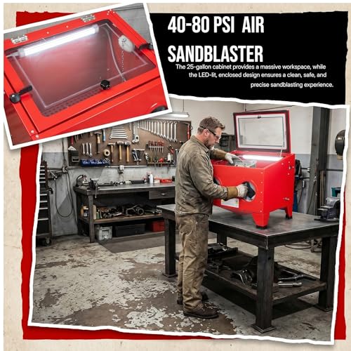 Image of 25 Gallon Bench Top Air Sandblasting Cabinet | Heavy Duty Steel, Sand Blaster with Blasting Gun & 4 Nozzles, 40-80 PSI, Portable, For Paint, Rust, Stain Removal