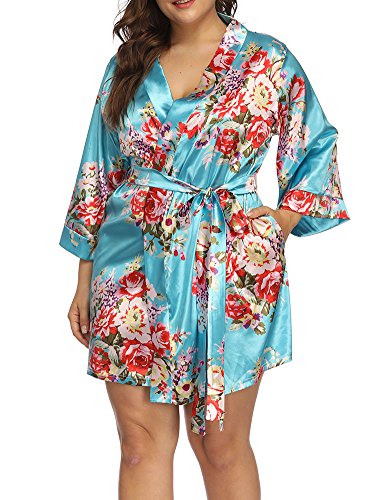 Allegrace Women's Plus Size Floral Print Wrap Front Satin Kimono Robes Sexy Nights Short Pajamas Lake Blue 4X