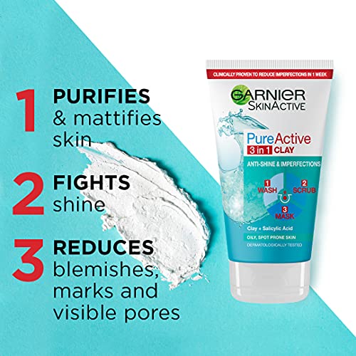 Garnier Pure Active 3in1 Clay Mask-Wash-Scrub 150ml, With Clay, Eucalyptus & Salicylic Acid, Face Cleanser For Oily Skin, Packaging May Vary (Pack of 3) - Image 4
