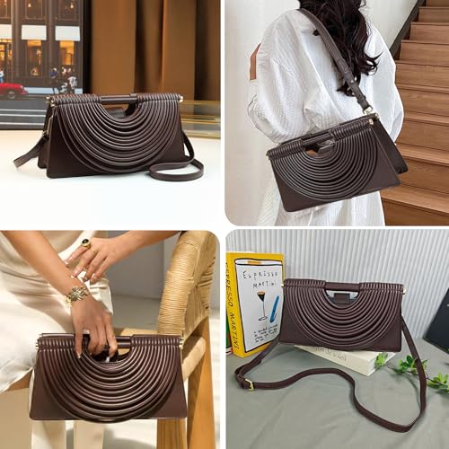 Image of Trendy Woven Evening Clutch Purse Half Round Designer Shoulder /Crossbody Bag Top-Handle Satchel Handbags