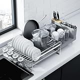 Kitsure Dish Drainer Rack - Extendable Dish Drainer, Multifunctional Dish Rack for Kitchen Counter, Anti-Rust Draining Board Rack with Cutlery & Cup Holders, 67.8cm x 32.7cm x 14.9cm, Silver
