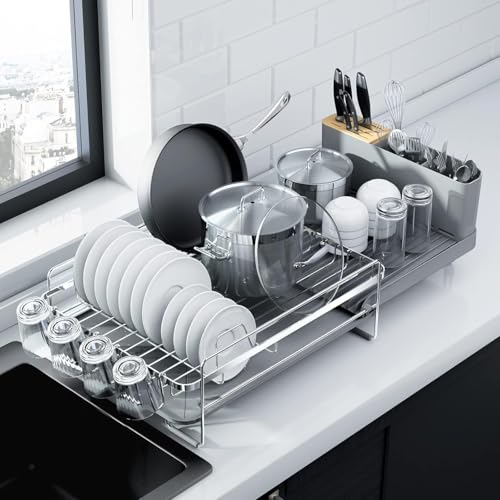 Image of Kitsure Dish Drainer Rack - Extendable Dish Drainer, Multifunctional Dish Rack for Kitchen Counter, Anti-Rust Draining Board Rack with Cutlery & Cup Holders, 67.8cm x 32.7cm x 14.9cm, Silver
