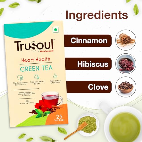 Image of Baidyanath Natural Herbal Heart and Health Green Tea - 25 Bags | Enriched with the goodness of Hibiscus, Cinnamon, Clove - Maintains Healthy Heart and Metabolism (Pack of 3)