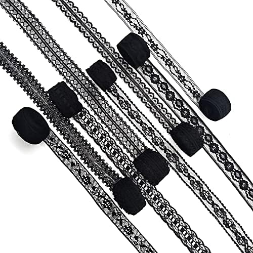 TINWIN Black Sewing Lace 8 Different Width Styles of Eyelet Lace Ribbon Roll Non-Stretchy Ribbon for Crafts and DIY Dreamcatchers Decoration Bridal Wedding 40 Yards