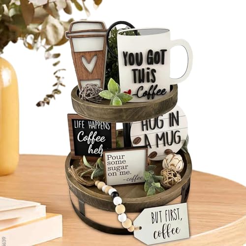 Conjunto de decoraciones de bandeja de café: accesorios de barra de madera, piezas de exhibición de rincón retro, elegantes elementos de decoración de mesa, kit de decoración estacional | Accesorios c