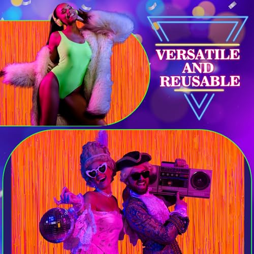 Image of 2Pack Glow in The Dark Party Supplies, Neon Party Decorations 6.6x6.6ft Fluorescent Macaron Orange Tinsel Foil Fringe Curtains, Photo Booth Prop Backdrop Luminous Streamer, Birthday Halloween Party