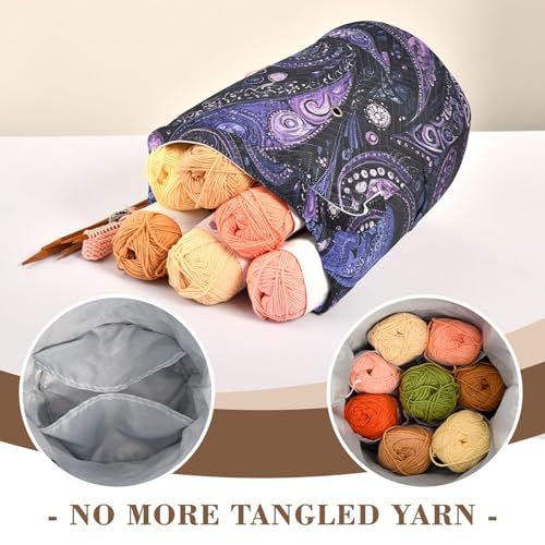Image of Tatenale Crochet Bag Yarn Bag Knitting Project Bag with Pockets and Handle Portable Yarn Storage Organizer Tangle Free 8.3x11 InchPurple Paisley30
