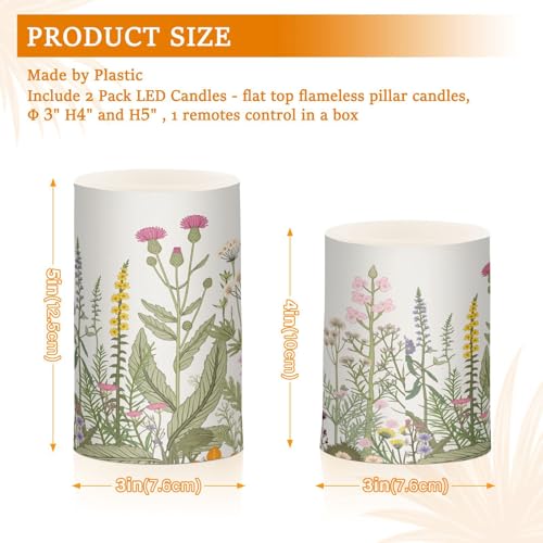Image of Flickering Flameless Candles, Flowers Herbs Wildflowers Botanical LED Candles with Remote Timer, Set of 2 Battery Operated Candle for Valentine Wedding Birthday