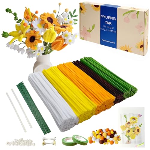 YYUENGTAK 500 Pcs Yellow Pipe Cleaners Flower kit with tutoria,Pipe Cleaners Craft(5 Colors),sunflower,Chenille Stems Flowers Craft kit with 20 pcs Floral Wires,Gardening Tape,Stamen(2 Colors),pompoms