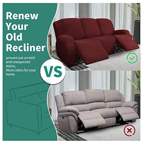 Image of YEMYHOM 8 Pieces Stretch Recliner Sofa Cover Jacquard Reclining Couch Cover with Side Pocket Anti-Slip Fitted 3 Cushion Furniture Slipcovers with Elastic Bottom (Large, Wine Red)