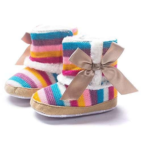 Infant Baby Girl Rainbow Stripe Coral Fleece Snow Boots Shoes with Bowknot (Multicolor, 12~18Months)