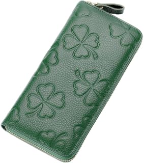 [Doodeka] [ドーデカ] 長財布 レディース 本革 スキミング防止 財布 ラウンドファスナー 花柄 四つ葉 (グリーン)