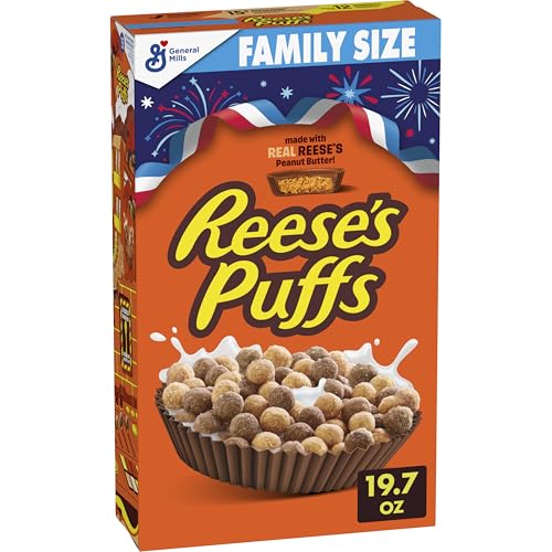 REESE’S PUFFS Chocolatey Peanut Butter Cereal, Kid Breakfast Cereal, Family Size, 19.7 oz