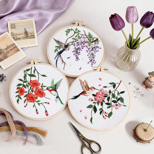Image of Embroidery Kit for Beginners,3 Pack Hummingbird and Flower Cross Stitch Kits for Adults,Needlepoint kit with Stamped Patterns,Hoop,Threads for Craft Lover,Hand Stitch with Embroidery Skill Techniques