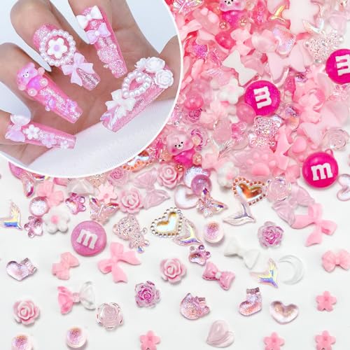 Briskbloom 320PCS Pink Assorted Mix 3D Nail Charms Cute Resin Charms for Acrylic Nail Decoration DIY Crafts Flatback Kawaii Y2K Heart Star Bow Flower Embellishments