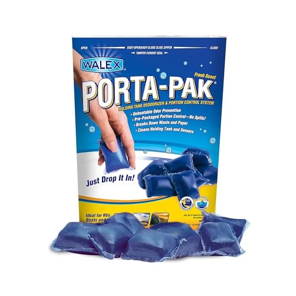 Walex Porta-Pak Black Holding Tank Deodorizer & Portion Control System Drop-Ins – Rapid Breakdown of Waste & Paper, Odor Prevention, Cleans Tank & Sensors – Fresh Scent, 10-Pack