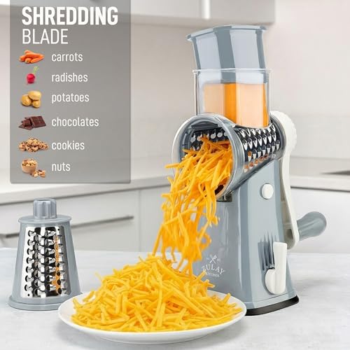 Image of Zulay Kitchen Rotary Cheese Grater 5 Blade Cheese Shredder - Manual Hand Crank Cheese Grater With Reinforced Suction & 5 Interchangeable Drums - Easy to Use, Vegetable Chopper Round Mandoline Slicer