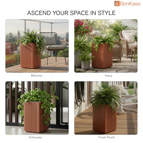Image of BonKaso 18 Inch Rolex Tower Planter for Indoor & Outdoor Use | Tall Square Heavy Duty Polymer Flower Pot | Weather Resistant Modern Planter for Living Room, Balcony, Terrace & Office Decor (Bown)