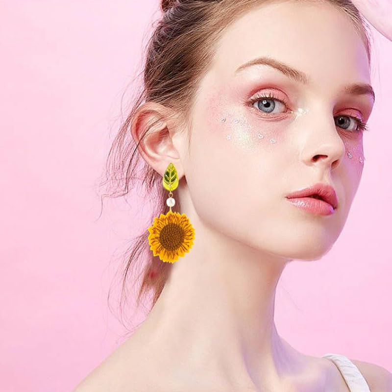 Sunflower Earrings for Women 3D Sunflowers Daisy Flower Stud Dangle Earrings Unique Flower Clip on Earrings Bohemian Statement Earrings Spring Jewelry Gifts - Image 3