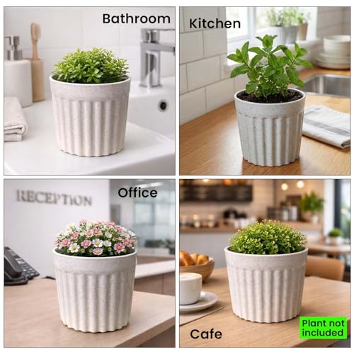 Image of Go Hooked 6 Inch Plastic Plant Pot Set of 5 | White Marble Texture Ribbed Planters, Stylish Modern Design | Decorative Indoor Outdoor Flower Pots for Balcony, Living Room, Garden, Home & Office Decor