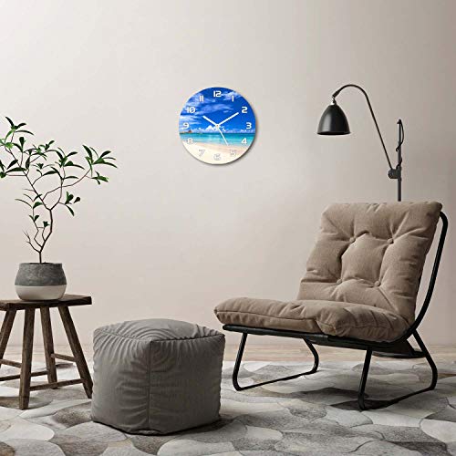 Horloge en verre rond 30cm Tulup avec impression plage tropicale et aiguilles blanches