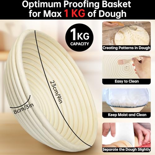 Miniatura 2 de Mispudin Cesta De Fermentación Para Pan 23 Cm, Redonda De Ratán Natural, Con Cuchillo De Panadero, Tela De Lino, Funda, Raspador De Masa Y Cepillo