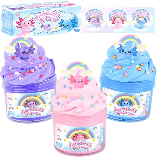3 Packs Axolotl Cloud Slime with Pink Blue and Purple Axolotl Charms Scented Cloud Slime Party Favor for Girls & Boys Super Soft Birthday Gifts Goodie Bag Stuffers Classroom Rewards for Kids