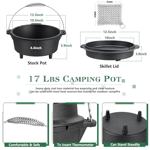 Image of 5QT Cast Iron Dutch Oven with Stainless Steel Scrubber, HaSteeL 2-In-1 Pre-seasoned Camping Pot, Heavy Duty Campfire Pot with Feet for Outdoor Stovetop Griddle Cooking Baking Roasting Stewing