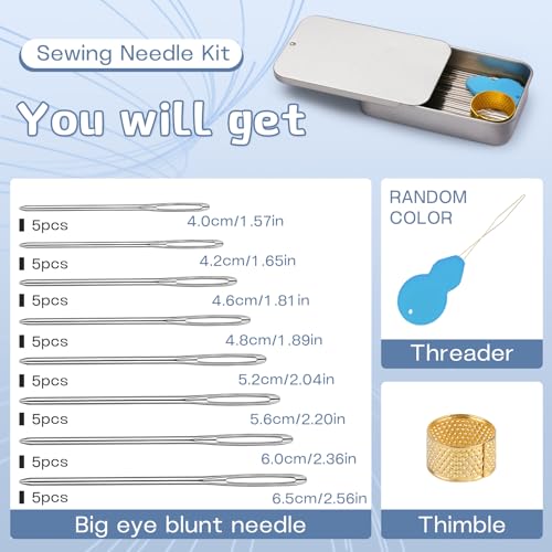 Image of TLKKUE 100 /40 Pcs Large-Eye Blunt Needles, Tapestry Needle with Needle Threader Thimble, Steel Yarn Needles for Sewing Knitting Crafting Weaving Crochet Tapestry (Silver, 8 sizes /40 pcs)