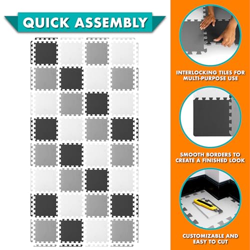 Image of ProSource Baby Play Mat, Soft Foam Floor Tiles for Kids, Interlocking EVA Panels for Playpen Use, Crawling Development Surface, Safe Non-Toxic Toddler Flooring, 32 Tiles, Black /Gray /White