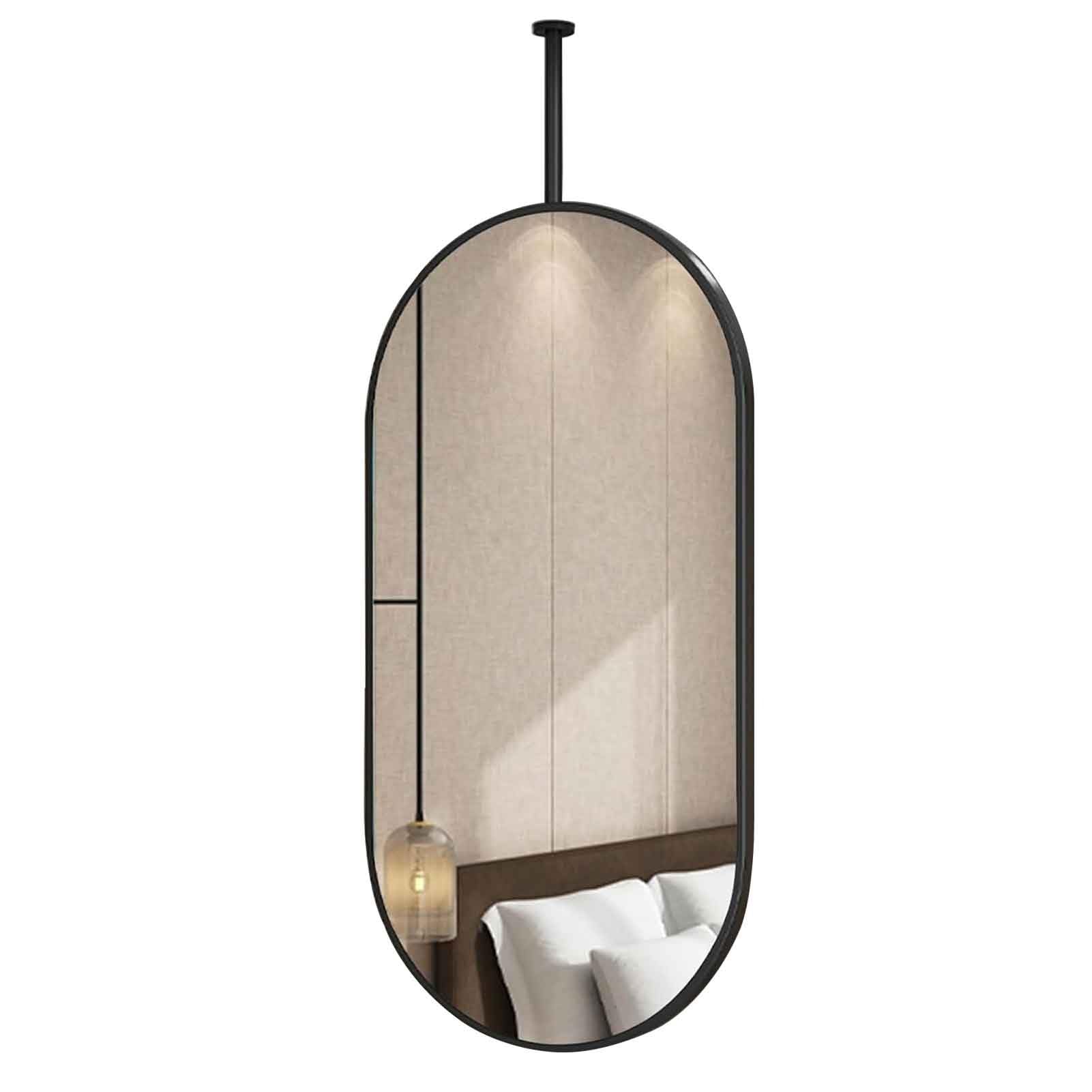 FGXHHS Ceiling Mounted Mirror with Black Metal Hanging Rod Vanity Makeup Mirror, Oval Bathroom HD Mirrors for Home or Hotel(50cmx100cm)