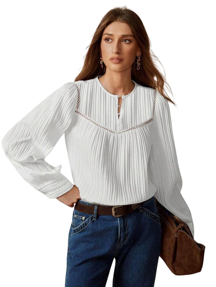 TAGAS Women's Pleated White Top | Long Puff Sleeve Casual Blouse | Round Neck Elegant Office Wear Top | Lightweight Fashion Tunic for Women-picture-36