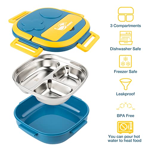 Pedeco Small Stainless Steel Kid Bento Box,4-Sided Lock Catch,Leak-Proof,3-Compartment,Lunch Box With Portable Cutlery-Ideal Portion Sizes (500Ml) For Kids/Toddler-Bpa-Free,Dishwasher Safe(Blue) #TOP1