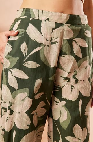 Image of Janasya Women's Olive Pure Cotton Floral Printed Straight Kurta Pant Set