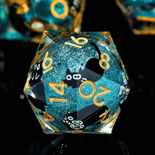 Liquid Core Cat DND Dice Set 7Pcs with Box- Sharp Edge Cute Cat Style Resin Dungeons and Dragons Dice for D&D, Roleplaying Games, RPG, MTG, Table Games D20 D12 D10 D8 D6 D4(Blue) 1
