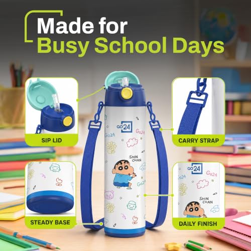Image of Go24 pexpo Crayon Shinchan ISI Certified Stainless Steel Water Bottle for School Kids - 500ml | 2-Year Warranty |3 Layer Insulation |Hot & Cold Vacuum Flask | 4+ Years | Denim Blue Little Artist