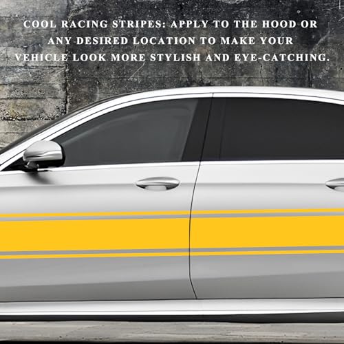 Image of 2 PCS Car Hood Sticker, 70.9 inch x 7.3 inch Waterproof Racing Stripes Auto Body Side Decals, Sports Style Hood Sticker Exterior Decoration for Most Vehicles, Car Accessories (Yellow)