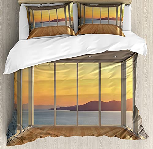 ABAKUHAUS Ver Funda Nórdica, Casa con Vista al mar de la montaña, Estampado Lavable 3 Piezas con 2 Fundas de Almohada, 200 x 200 cm   70 x 50 cm, Brown pálido Marigold