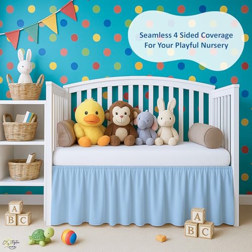 Image of Cottington Lane Light Blue Infrant Crib Bed Skirt Dust Ruffle with Split Corner, 100% Natural Cotton Nursery Crib Toddler Bedding Skirt for Baby Girls or Boy, Fits Standard Cribs 28 inchx52 inch with 14 inch Drop