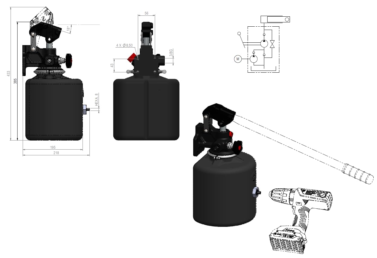 Chapel FLEXePUMP - Pompe hydraulique utilisable avec visseuse sans fil ou manuel - Jusqu'à 180 bar - Pour remorque à benne basculante - Volume du réservoir de 5,5 l (Chapel FLEXePUMP avec